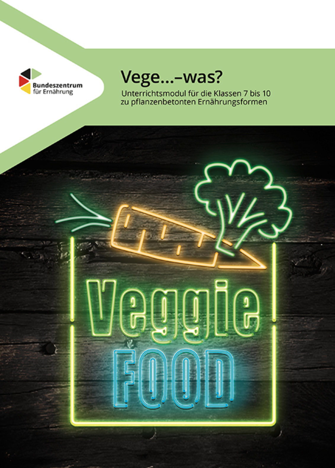 Neonschild mit Aufschrift Veggie Food, einer Möhre und einem Brokkoli-Röschen