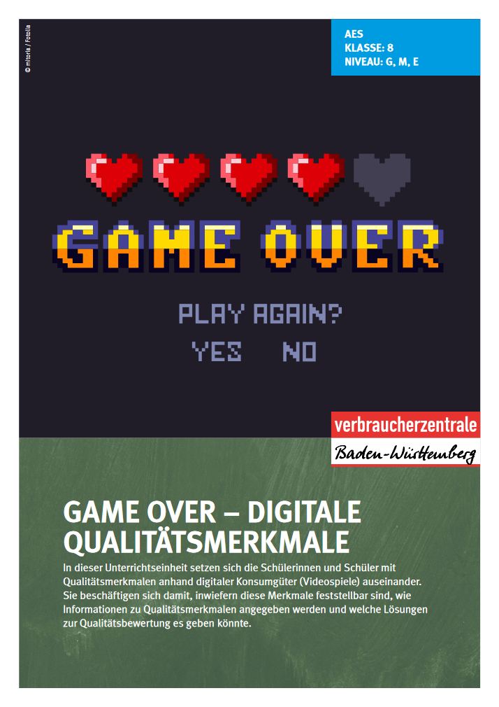 Cover des Materials, über dem Titel steht verpixelt "Game Over" und die Frage "Play again?"