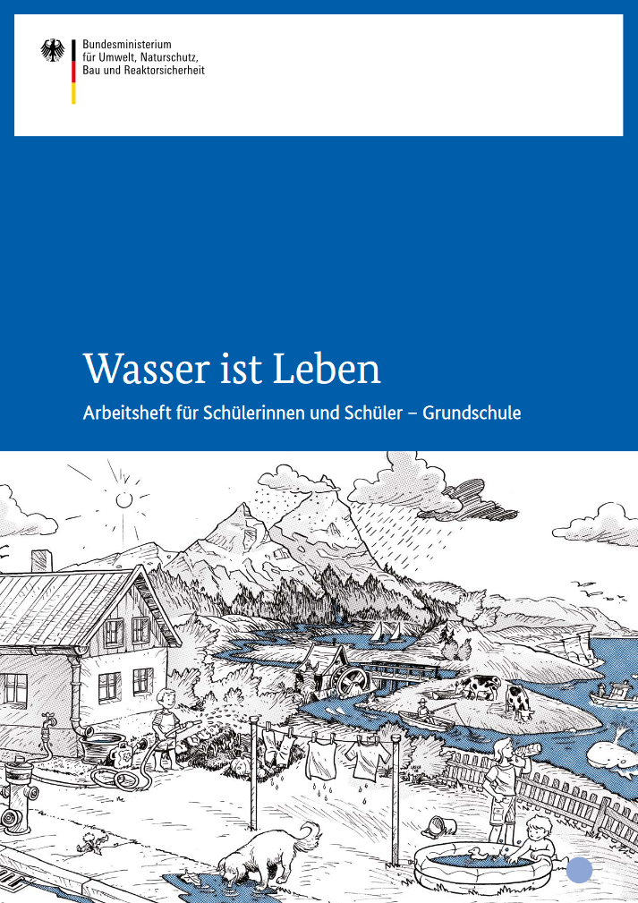 Cover des Materials, schwarz-weiß Zeichnung einer Landschaft, auf der das Wasser blau hervorgehoben ist