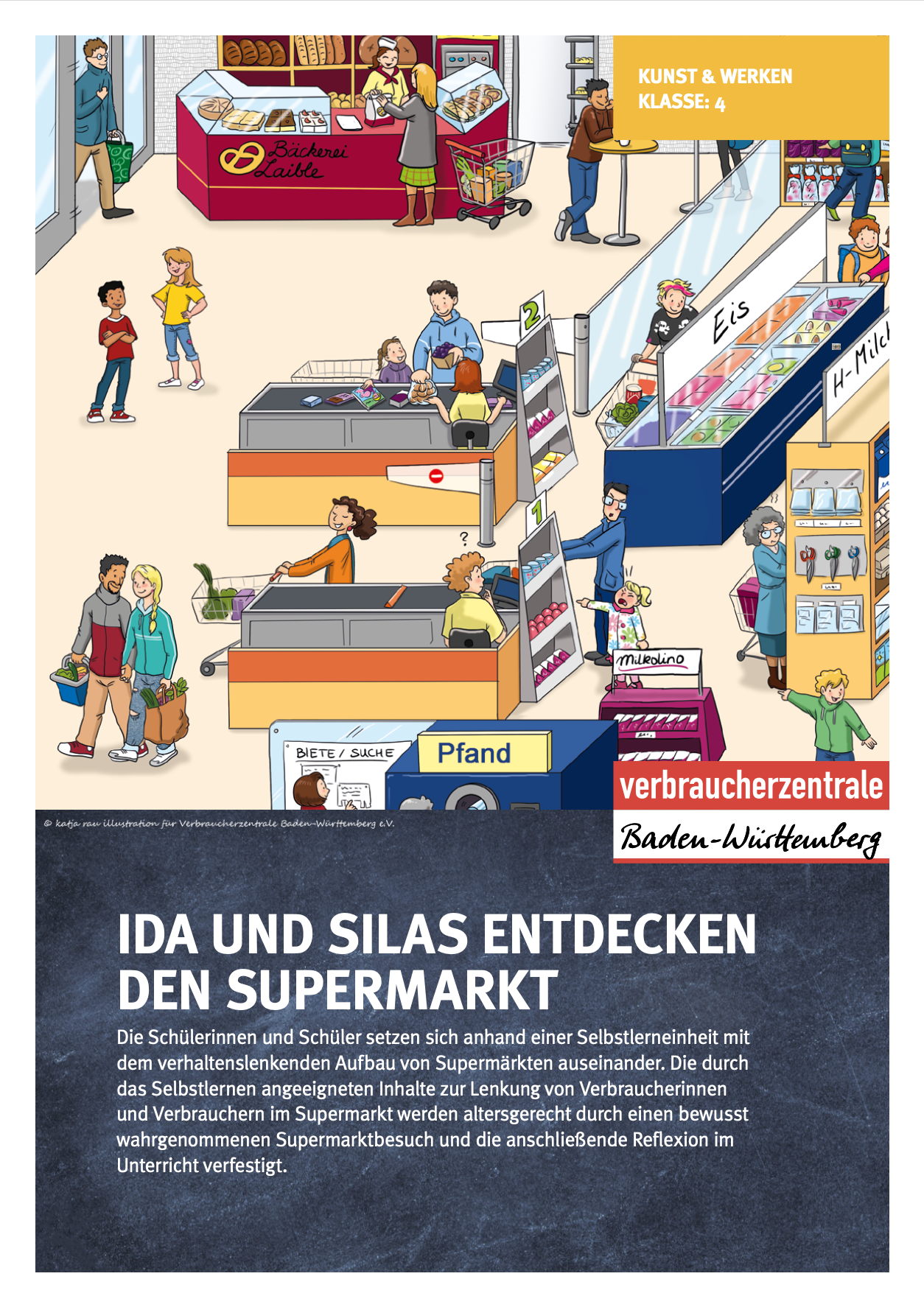 Titelseite des Materials mit Wimmelbild eines Supermarkts