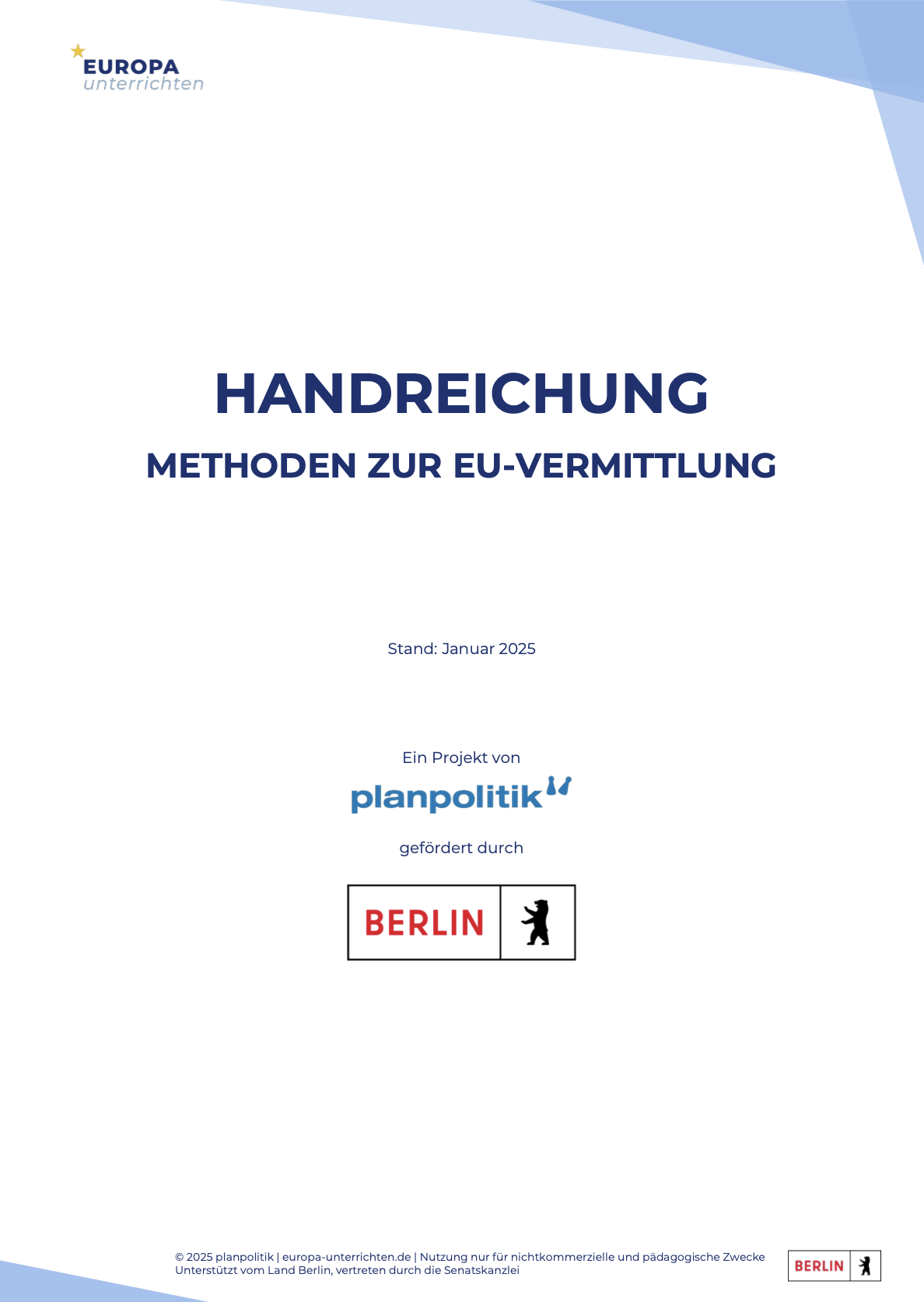 Deckblatt der Handreichung mit den Logos von Planpolitik und des Landes Berlin