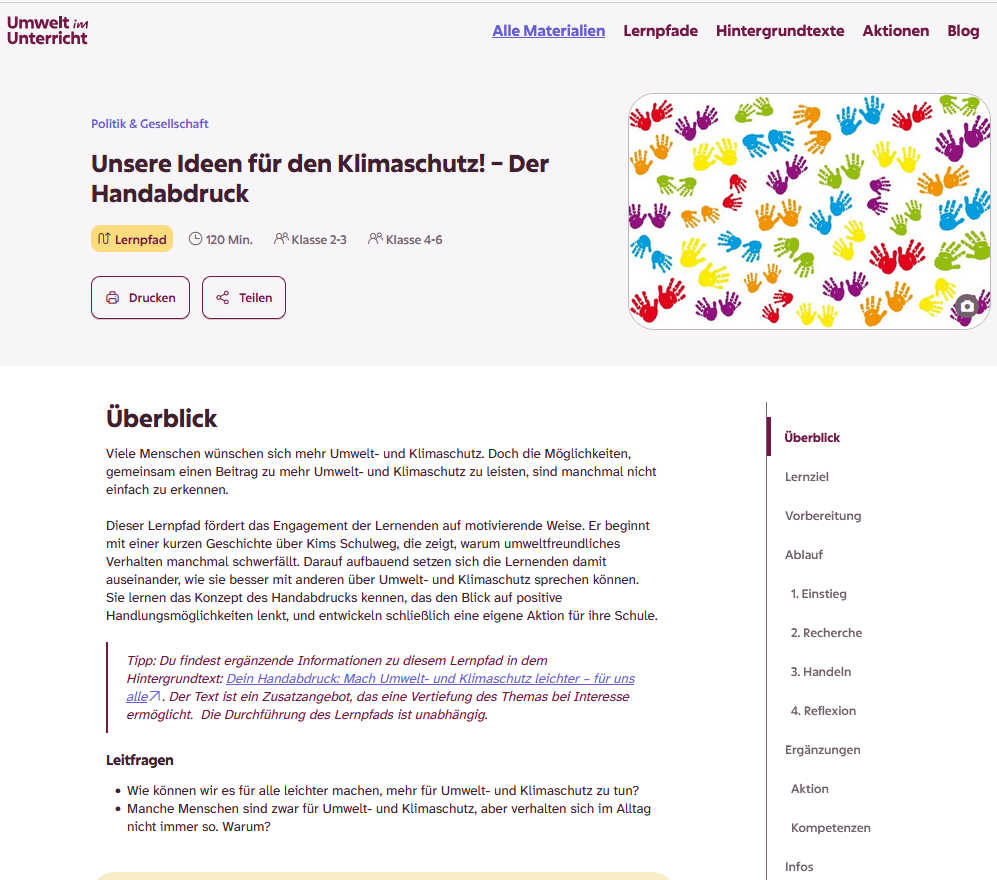Screenshot des Lernpfads "Unsere Ideen für den Klimaschutz"