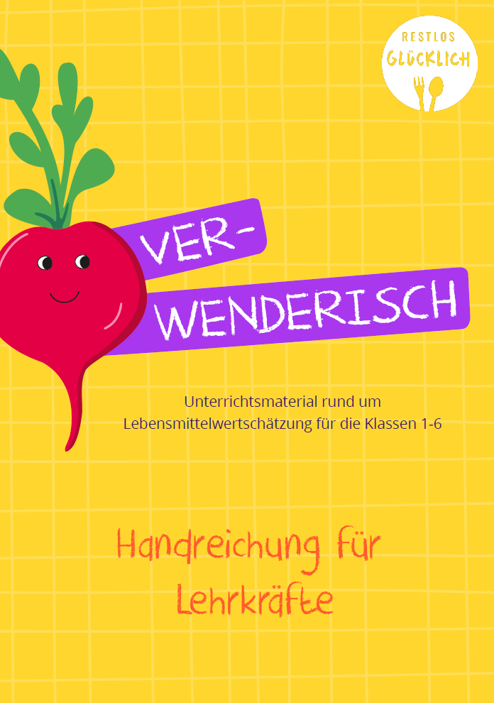 Das Titelbild zum Material "Verwenderisch" zeigt ein gezeichnetes, glückliches Radieschen.