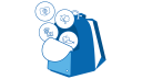  Ilustration mit einem blauen Schulrucksack, in den vier runde Icons mit Symbolen für die Handlungsfelder der Verbraucherbildung fliegen - Medien, Finanzen, nachhaltiger Konsum, Ernährung